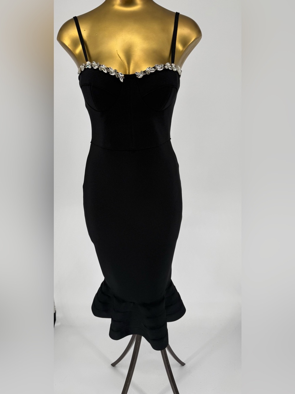 Houstil Black Crystal Embellished Bust Midi Dress Bustier Fishtail Size Medium